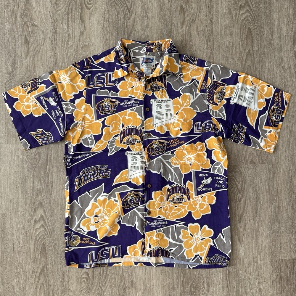 Vintage Reyn Spooner LSU Tigers Hawaiian Shirt National Champs 2003 Rayon Mens S